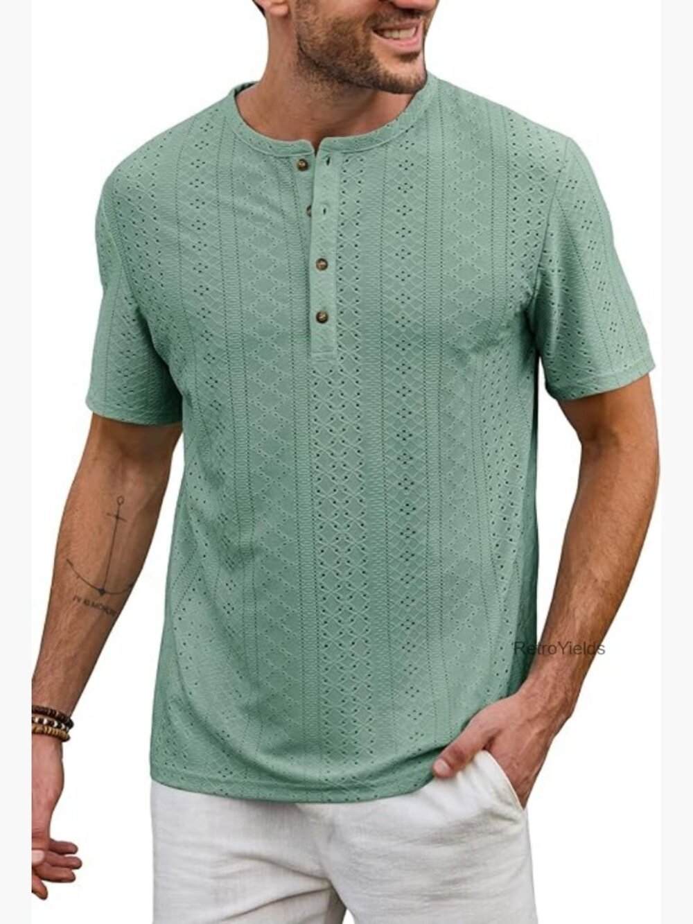 Mens Textured Henley Shirt Jacquard Summer Casual Hollow Out Tee